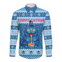 Personalized Trippy Catmas Long Sleeve Button Shirt Cute Blue Derpy Cat and Owl Companion - Wonder Print Shop