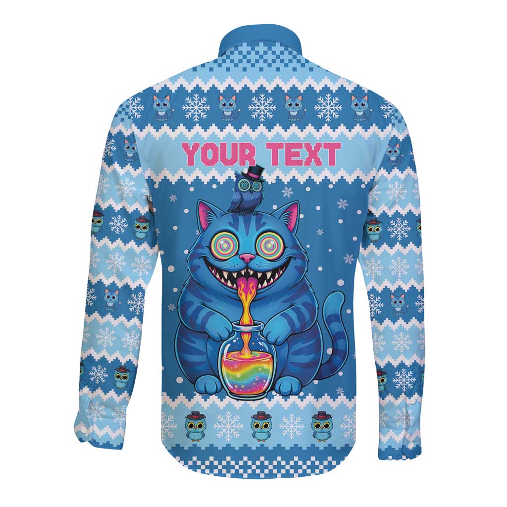 Personalized Trippy Catmas Long Sleeve Button Shirt Cute Blue Derpy Cat and Owl Companion - Wonder Print Shop
