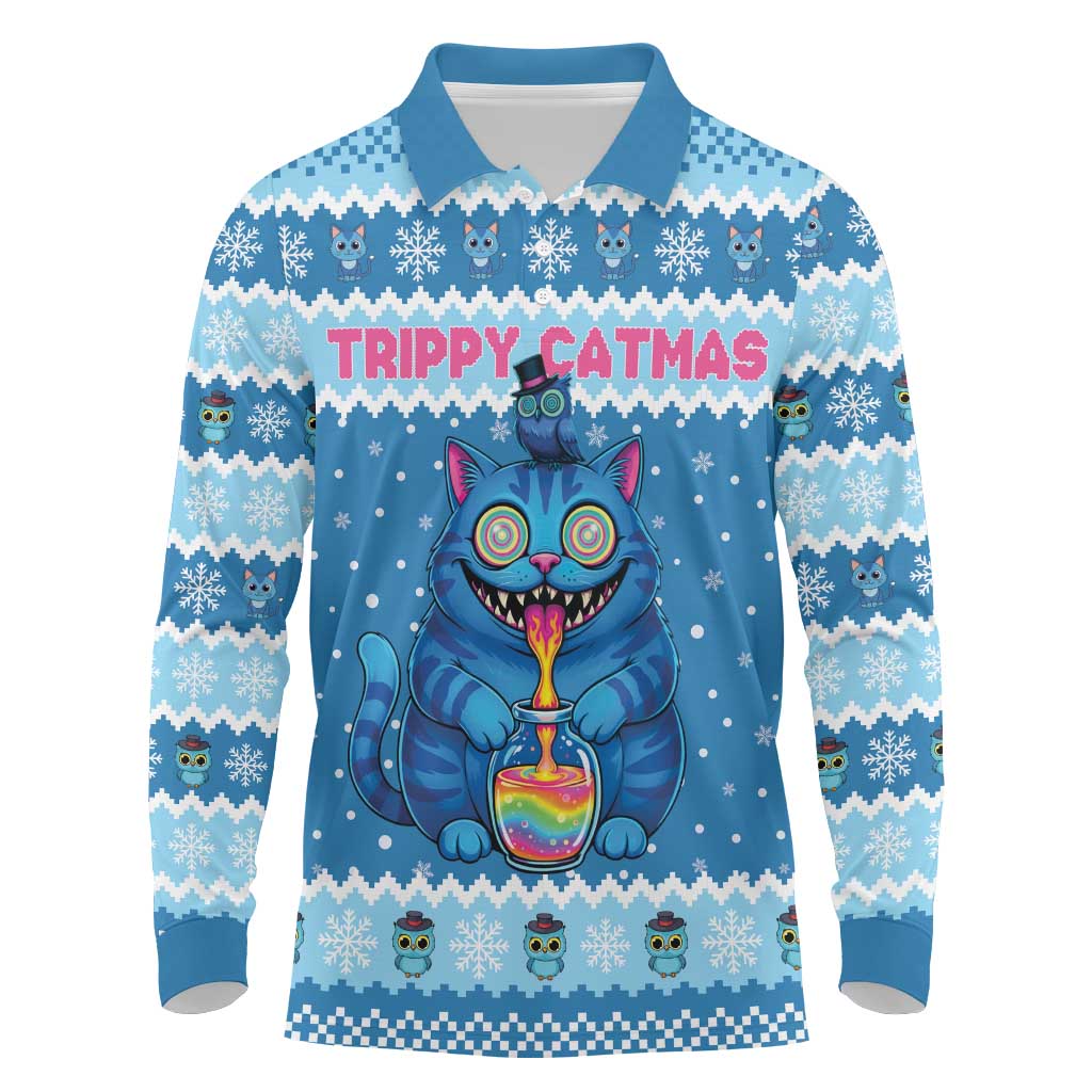 Personalized Trippy Catmas Long Sleeve Polo Shirt Cute Blue Derpy Cat and Owl Companion - Wonder Print Shop