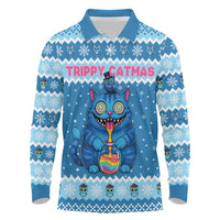 Personalized Trippy Catmas Long Sleeve Polo Shirt Cute Blue Derpy Cat and Owl Companion - Wonder Print Shop