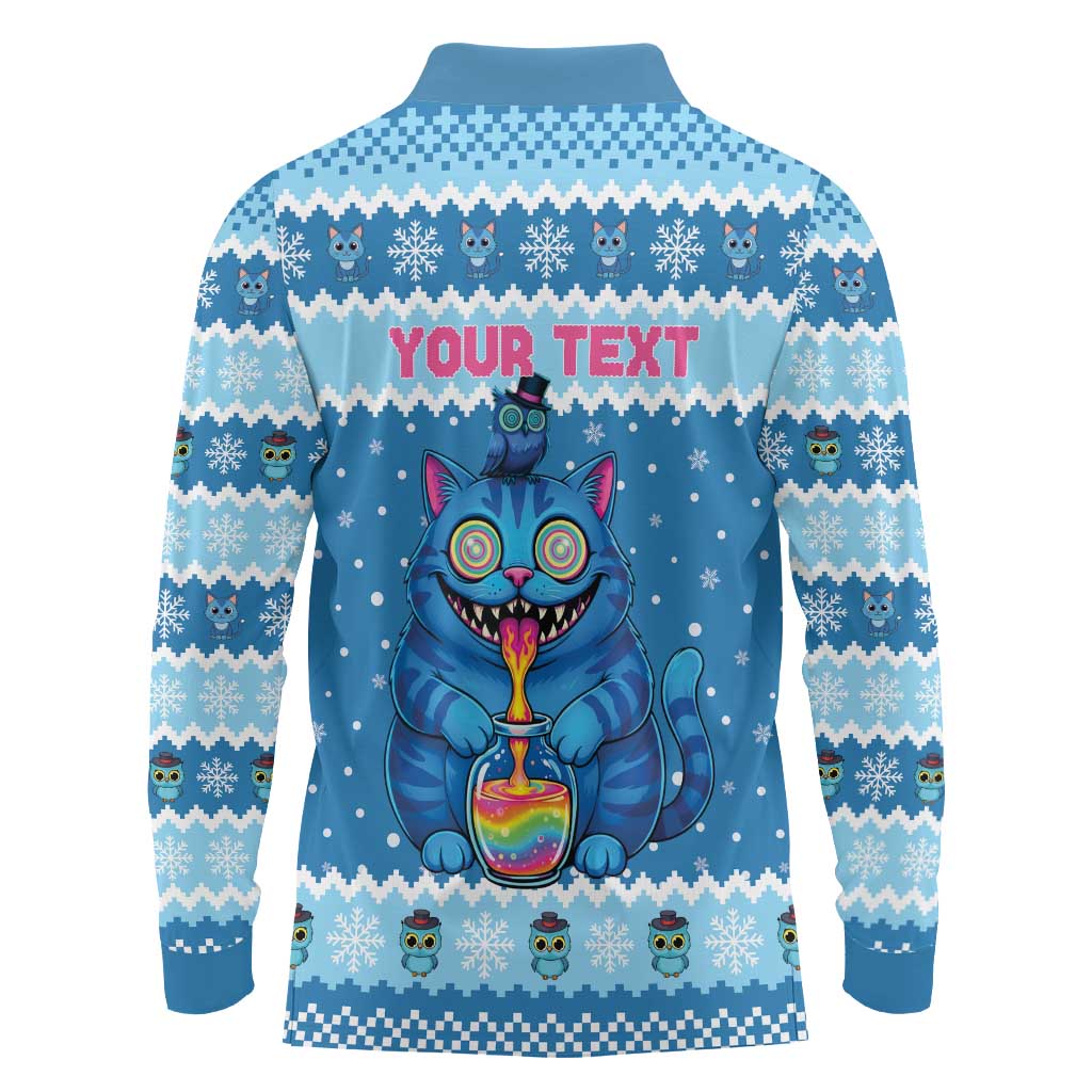 Personalized Trippy Catmas Long Sleeve Polo Shirt Cute Blue Derpy Cat and Owl Companion - Wonder Print Shop