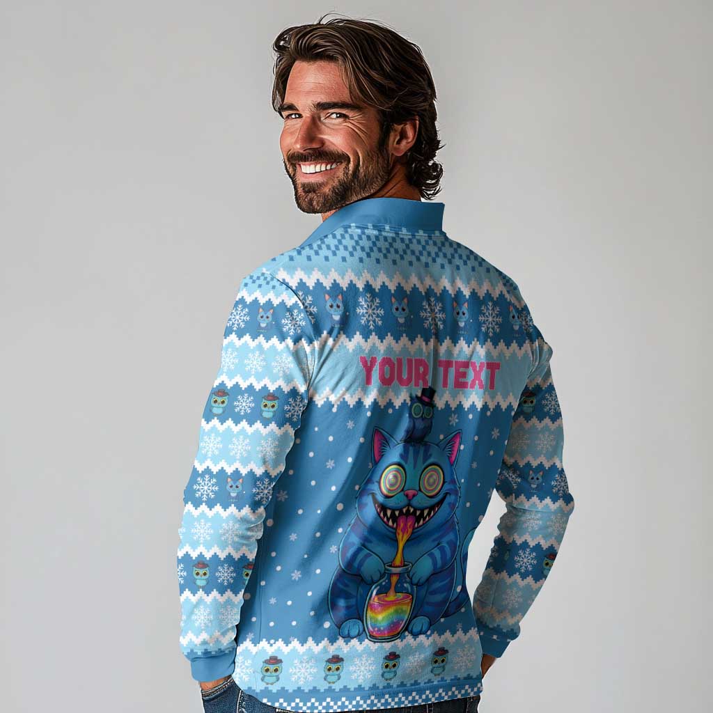 Personalized Trippy Catmas Long Sleeve Polo Shirt Cute Blue Derpy Cat and Owl Companion - Wonder Print Shop