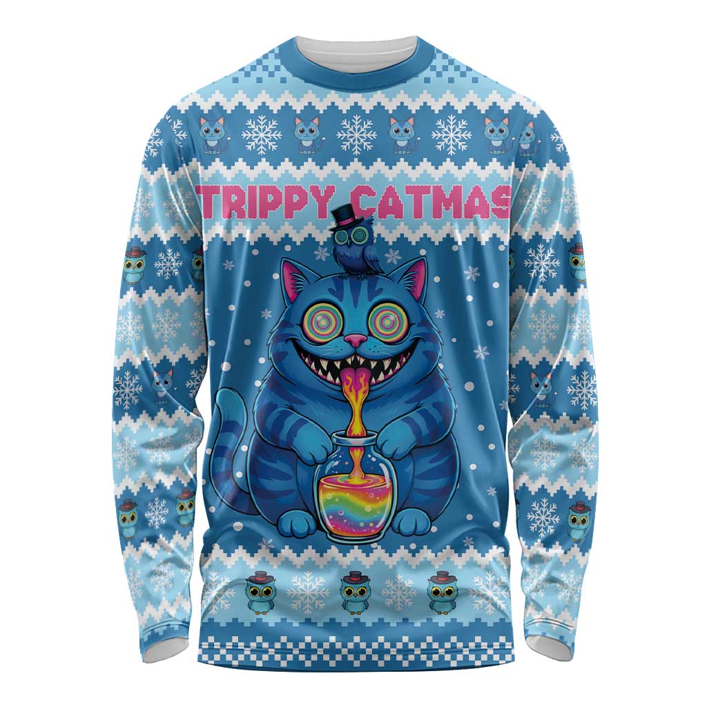 Personalized Trippy Catmas Long Sleeve Shirt Cute Blue Derpy Cat and Owl Companion - Wonder Print Shop