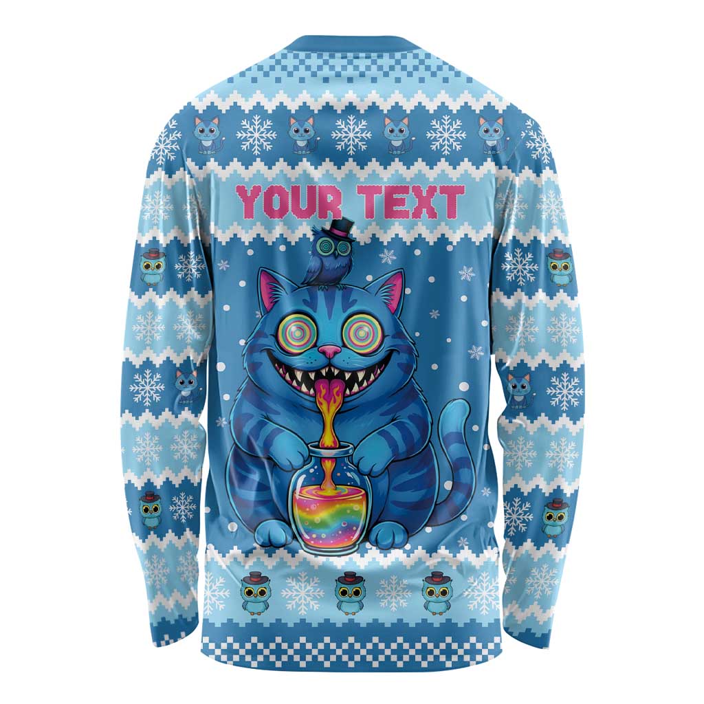 Personalized Trippy Catmas Long Sleeve Shirt Cute Blue Derpy Cat and Owl Companion - Wonder Print Shop
