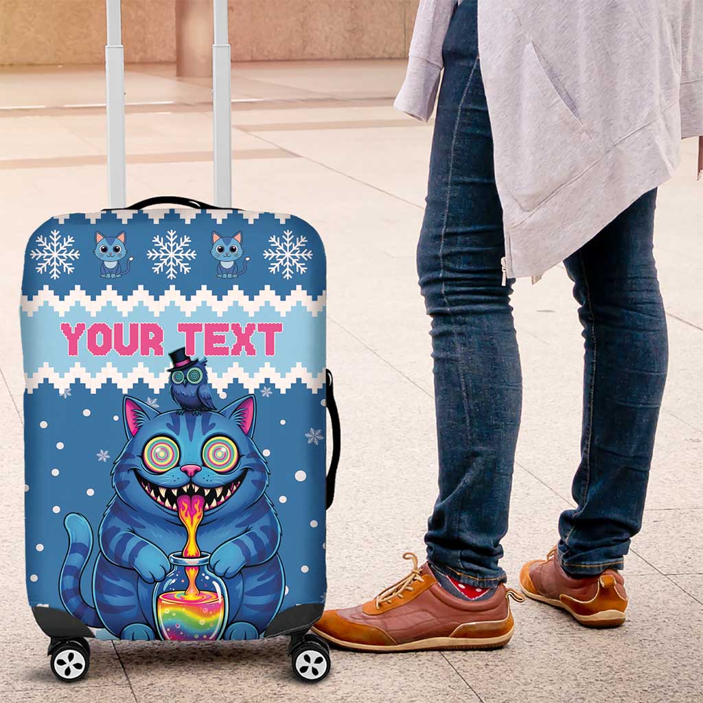 Personalized Trippy Catmas Luggage Cover Cute Blue Derpy Cat and Owl Companion - Wonder Print Shop