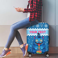 Personalized Trippy Catmas Luggage Cover Cute Blue Derpy Cat and Owl Companion - Wonder Print Shop