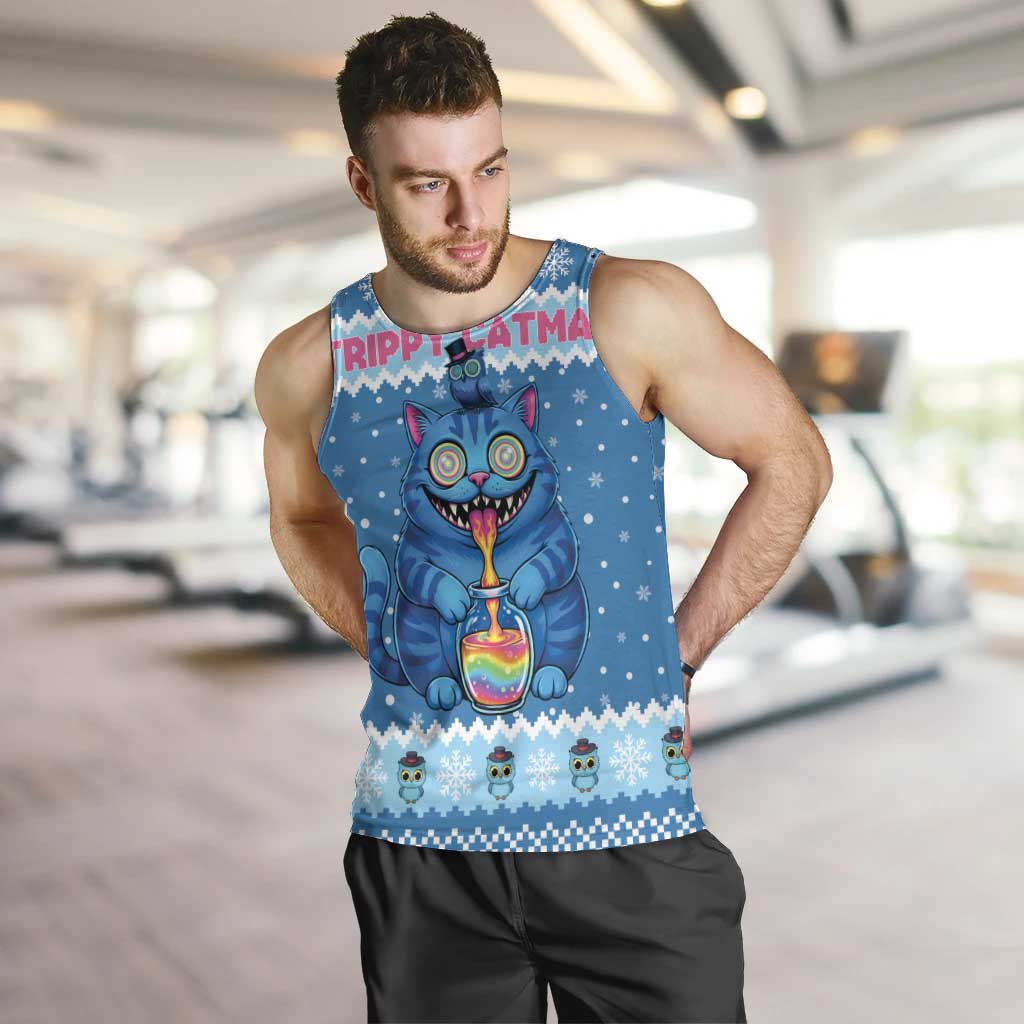 Personalized Trippy Catmas Men Tank Top Cute Blue Derpy Cat and Owl Companion - Wonder Print Shop