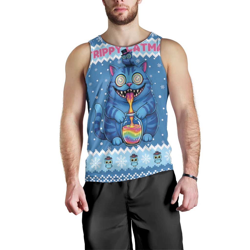 Personalized Trippy Catmas Men Tank Top Cute Blue Derpy Cat and Owl Companion - Wonder Print Shop