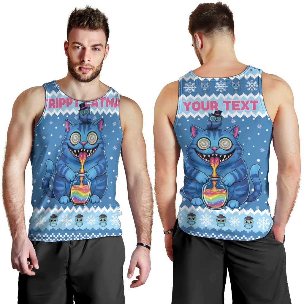 Personalized Trippy Catmas Men Tank Top Cute Blue Derpy Cat and Owl Companion - Wonder Print Shop