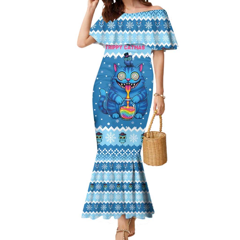 Personalized Trippy Catmas Mermaid Dress Cute Blue Derpy Cat and Owl Companion - Wonder Print Shop