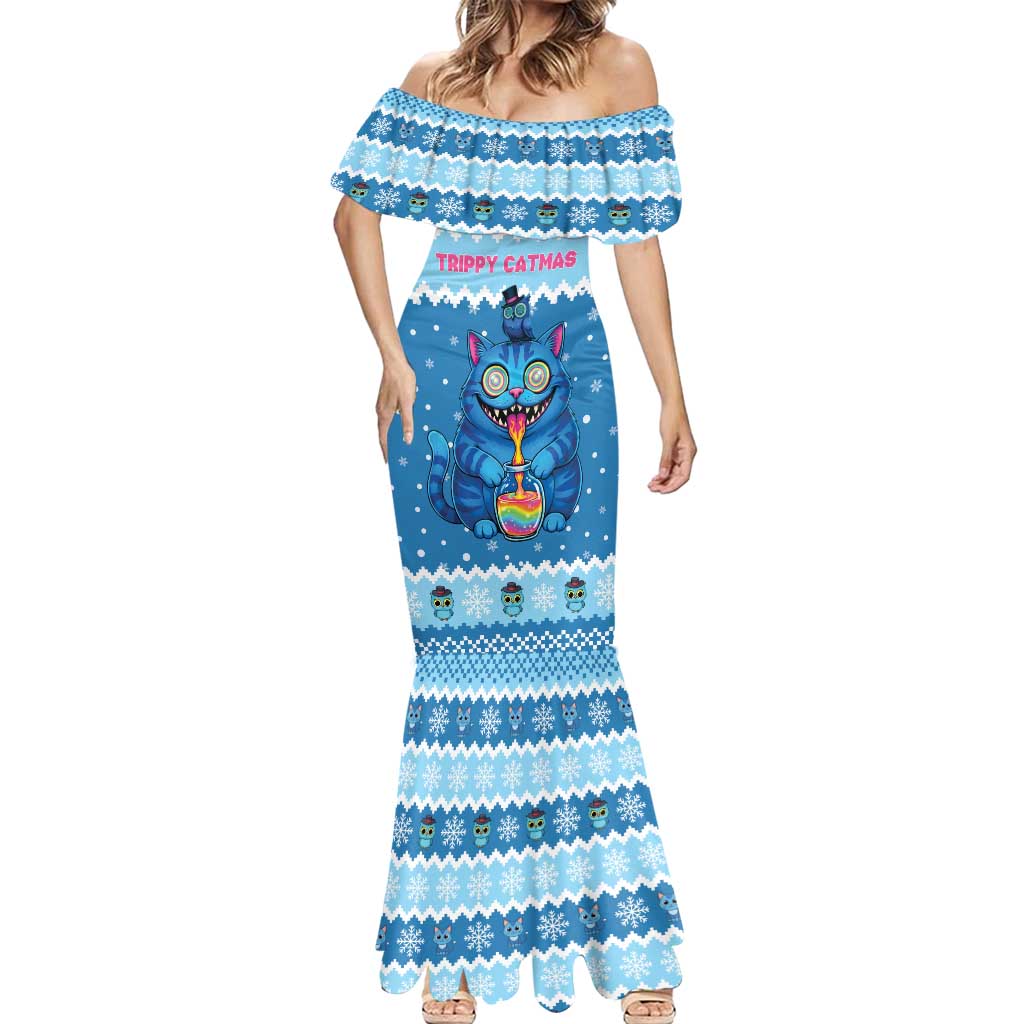 Personalized Trippy Catmas Mermaid Dress Cute Blue Derpy Cat and Owl Companion - Wonder Print Shop