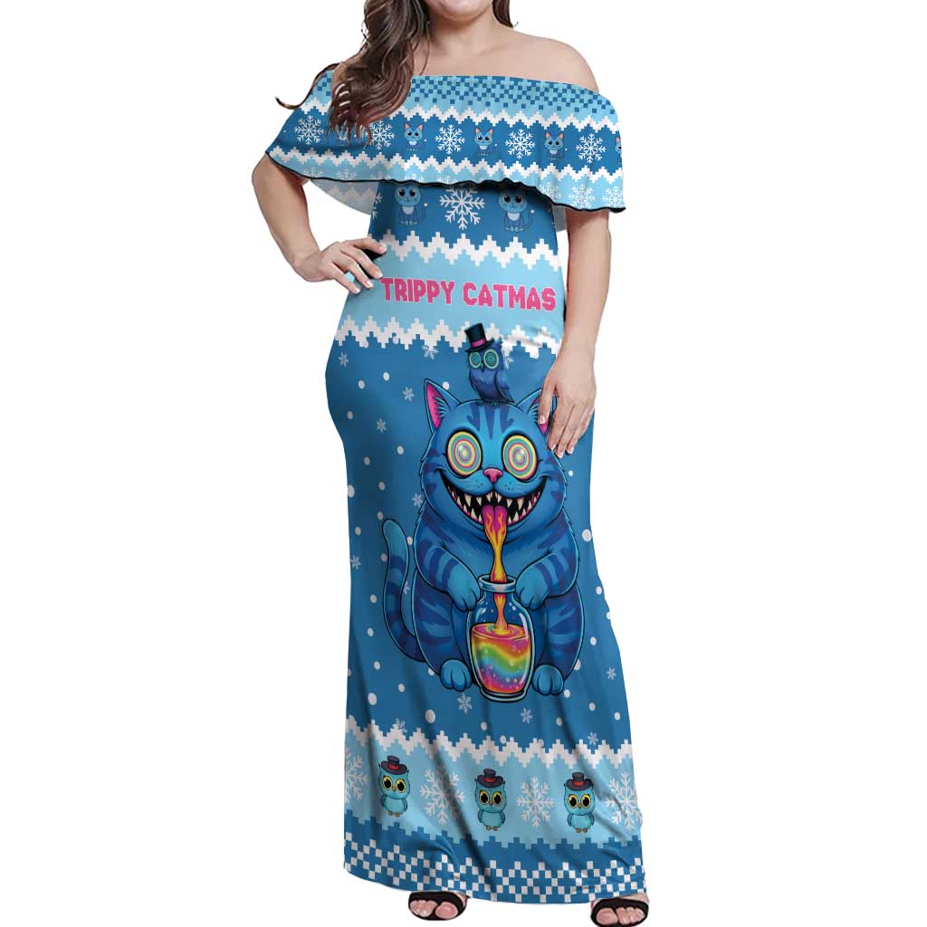Personalized Trippy Catmas Off Shoulder Maxi Dress Cute Blue Derpy Cat and Owl Companion - Wonder Print Shop