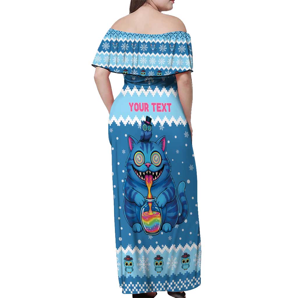 Personalized Trippy Catmas Off Shoulder Maxi Dress Cute Blue Derpy Cat and Owl Companion - Wonder Print Shop