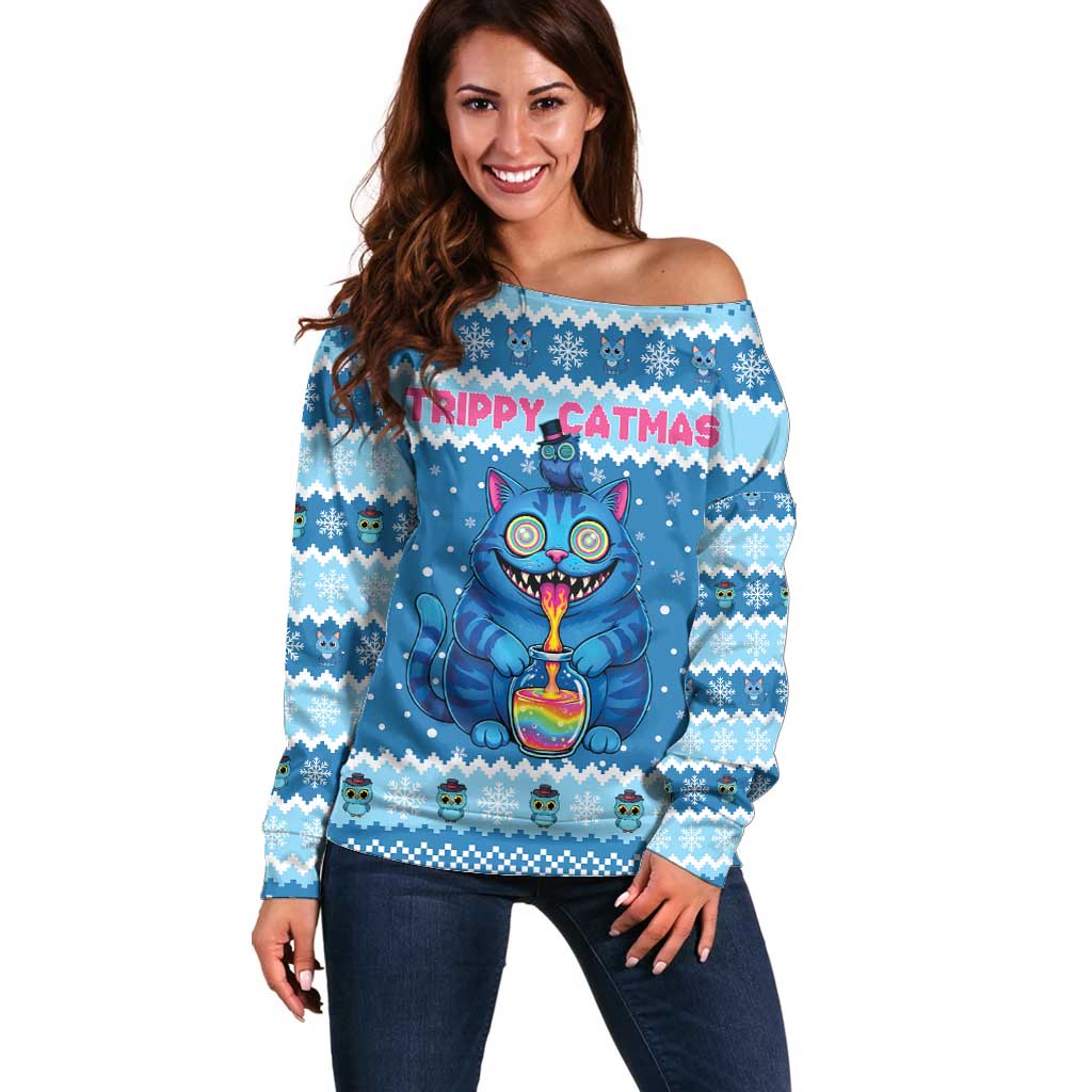 Personalized Trippy Catmas Off Shoulder Sweater Cute Blue Derpy Cat and Owl Companion - Wonder Print Shop