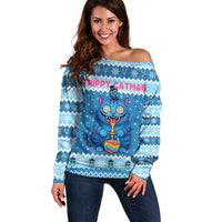 Personalized Trippy Catmas Off Shoulder Sweater Cute Blue Derpy Cat and Owl Companion - Wonder Print Shop