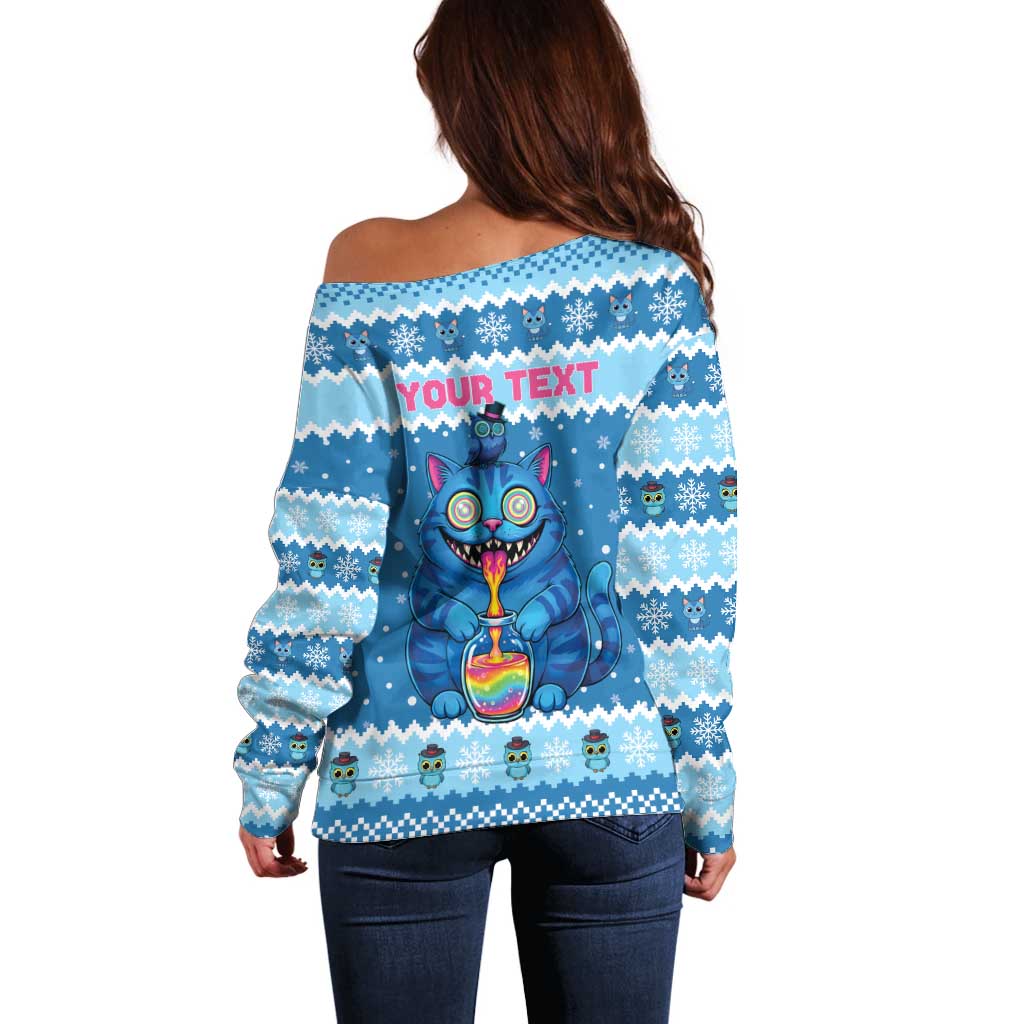 Personalized Trippy Catmas Off Shoulder Sweater Cute Blue Derpy Cat and Owl Companion - Wonder Print Shop