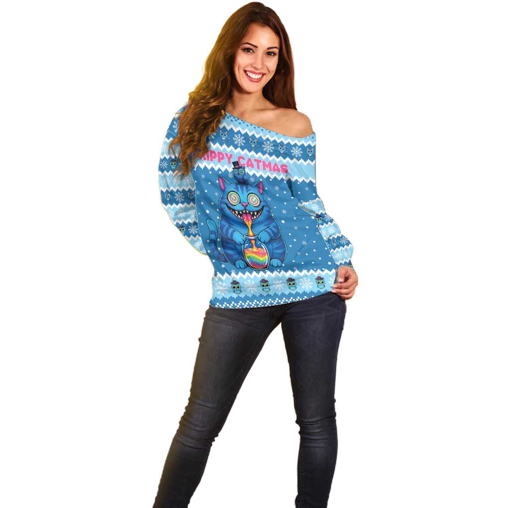 Personalized Trippy Catmas Off Shoulder Sweater Cute Blue Derpy Cat and Owl Companion - Wonder Print Shop