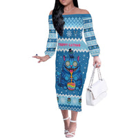 Personalized Trippy Catmas Off The Shoulder Long Sleeve Dress Cute Blue Derpy Cat and Owl Companion - Wonder Print Shop