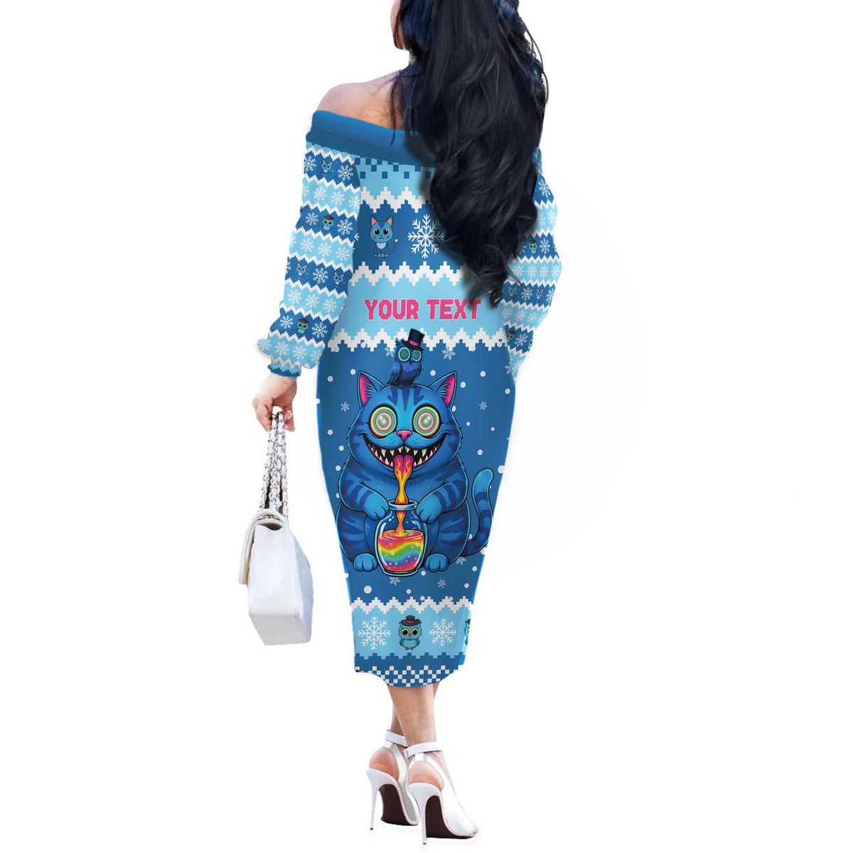Personalized Trippy Catmas Off The Shoulder Long Sleeve Dress Cute Blue Derpy Cat and Owl Companion - Wonder Print Shop