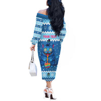 Personalized Trippy Catmas Off The Shoulder Long Sleeve Dress Cute Blue Derpy Cat and Owl Companion - Wonder Print Shop