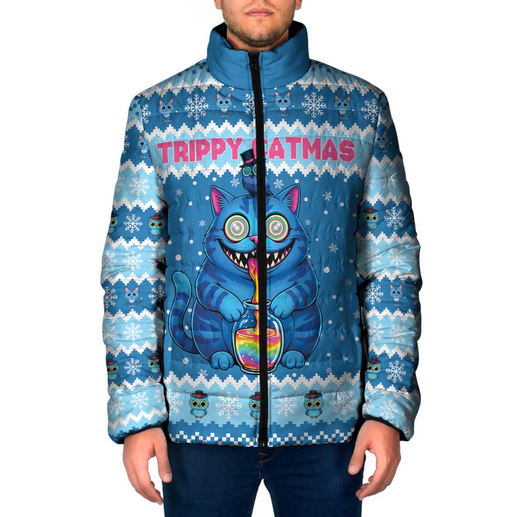 Personalized Trippy Catmas Padded Jacket Cute Blue Derpy Cat and Owl Companion - Wonder Print Shop