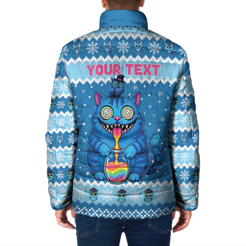 Personalized Trippy Catmas Padded Jacket Cute Blue Derpy Cat and Owl Companion - Wonder Print Shop