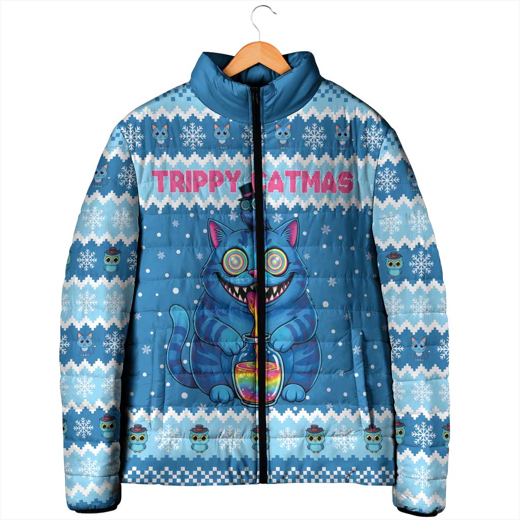 Personalized Trippy Catmas Padded Jacket Cute Blue Derpy Cat and Owl Companion - Wonder Print Shop