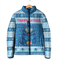 Personalized Trippy Catmas Padded Jacket Cute Blue Derpy Cat and Owl Companion - Wonder Print Shop