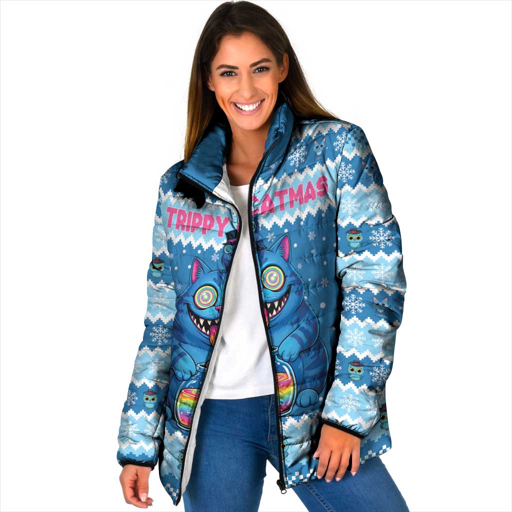 Personalized Trippy Catmas Padded Jacket Cute Blue Derpy Cat and Owl Companion - Wonder Print Shop