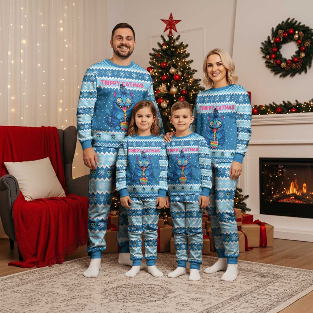 Personalized Trippy Catmas Christmas Pajama Set Cute Blue Derpy Cat and Owl Companion - Wonder Print Shop