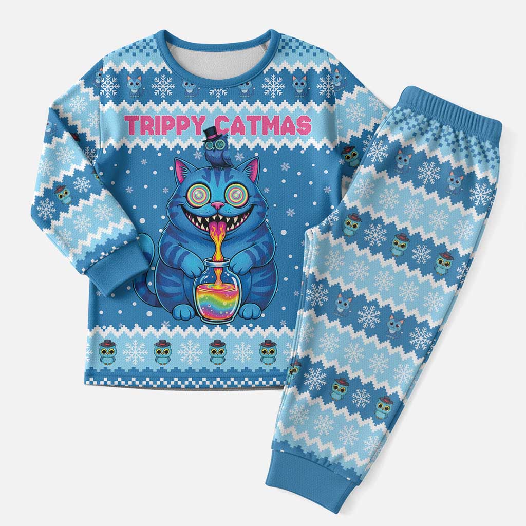 Personalized Trippy Catmas Christmas Pajama Set Cute Blue Derpy Cat and Owl Companion - Wonder Print Shop