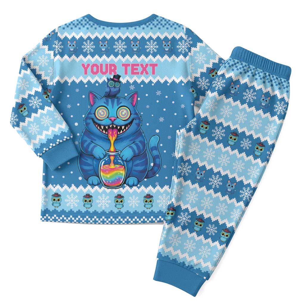 Personalized Trippy Catmas Christmas Pajama Set Cute Blue Derpy Cat and Owl Companion - Wonder Print Shop