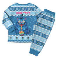 Personalized Trippy Catmas Christmas Pajama Set Cute Blue Derpy Cat and Owl Companion - Wonder Print Shop
