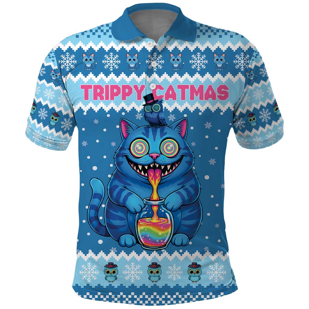 Personalized Trippy Catmas Polo Shirt Cute Blue Derpy Cat and Owl Companion - Wonder Print Shop