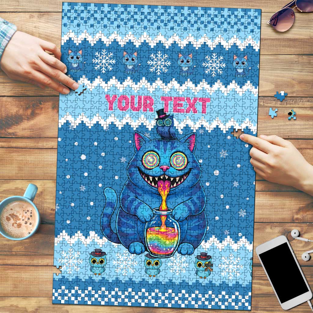 Personalized Trippy Catmas Puzzle Cute Blue Derpy Cat and Owl Companion - Wonder Print Shop
