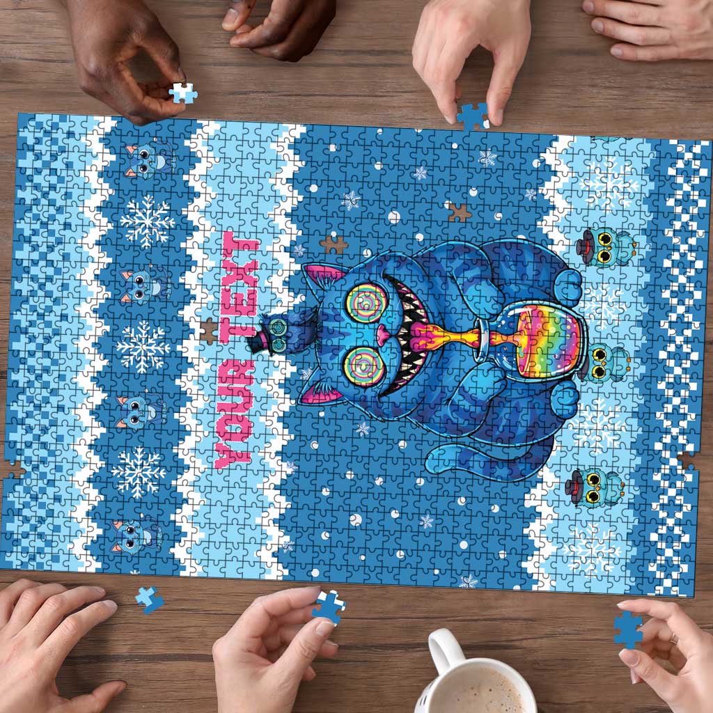 Personalized Trippy Catmas Puzzle Cute Blue Derpy Cat and Owl Companion - Wonder Print Shop