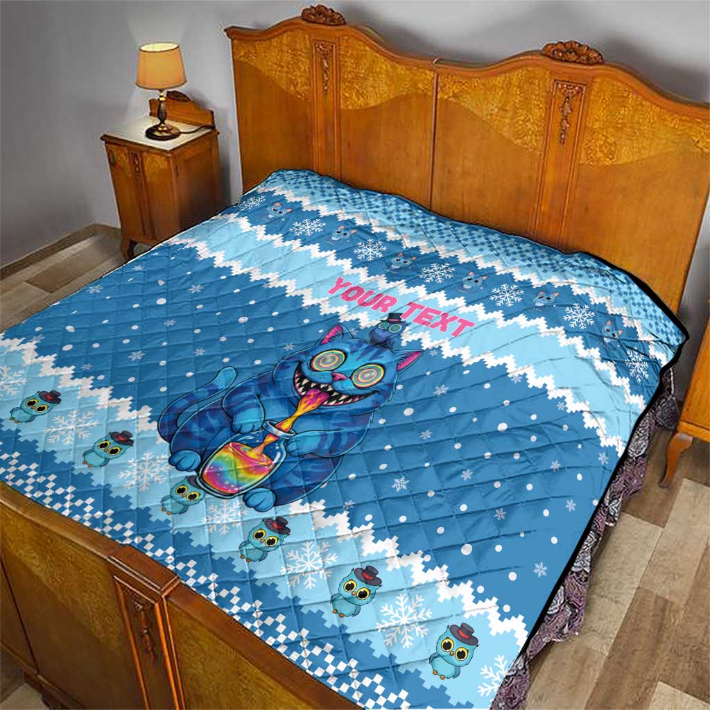 Personalized Trippy Catmas Quilt Cute Blue Derpy Cat and Owl Companion - Wonder Print Shop