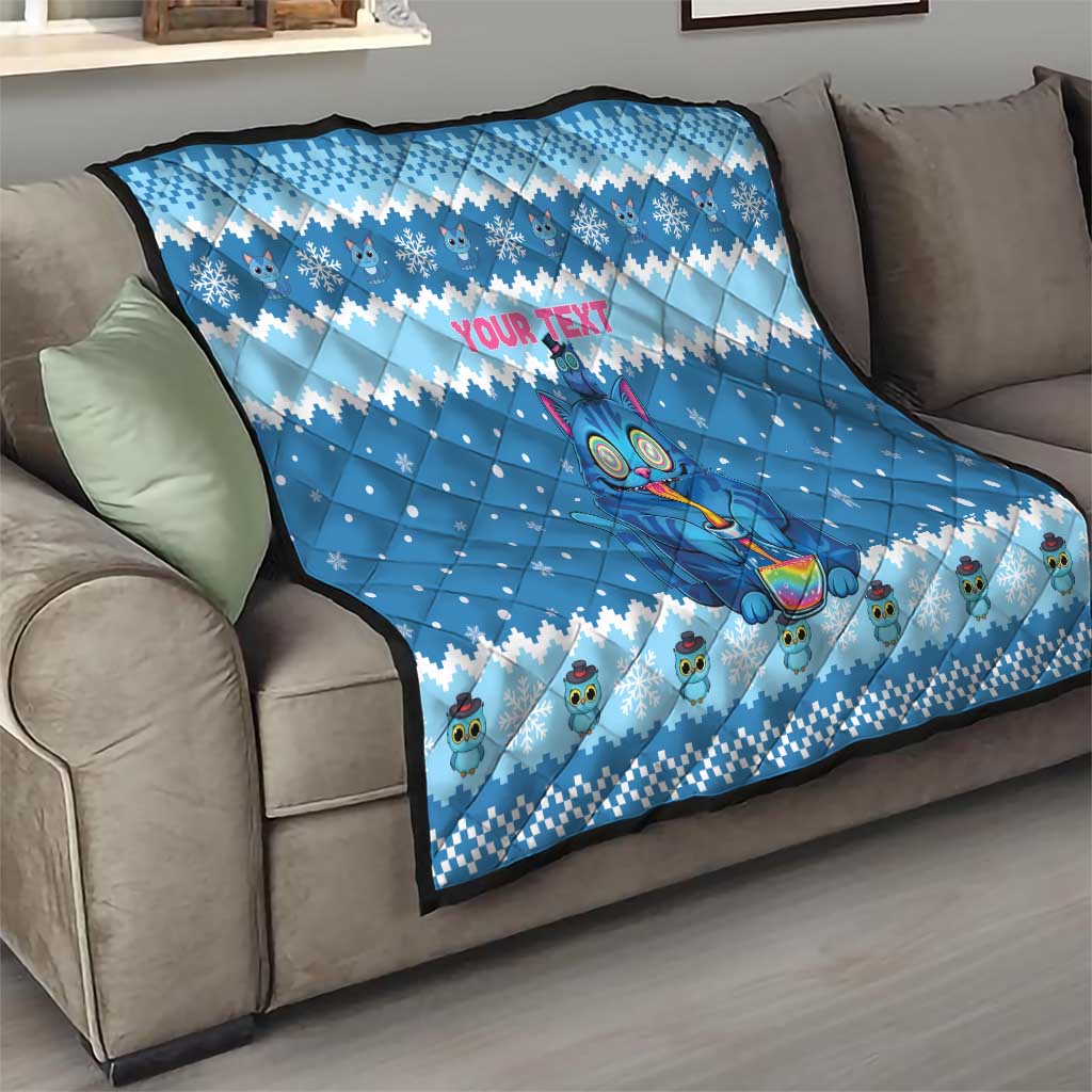 Personalized Trippy Catmas Quilt Cute Blue Derpy Cat and Owl Companion - Wonder Print Shop