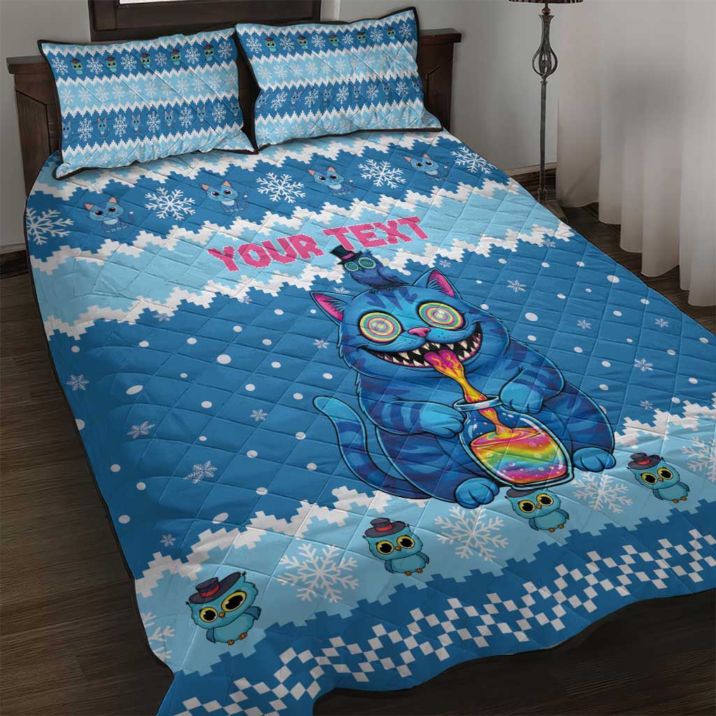 Personalized Trippy Catmas Quilt Bed Set Cute Blue Derpy Cat and Owl Companion - Wonder Print Shop