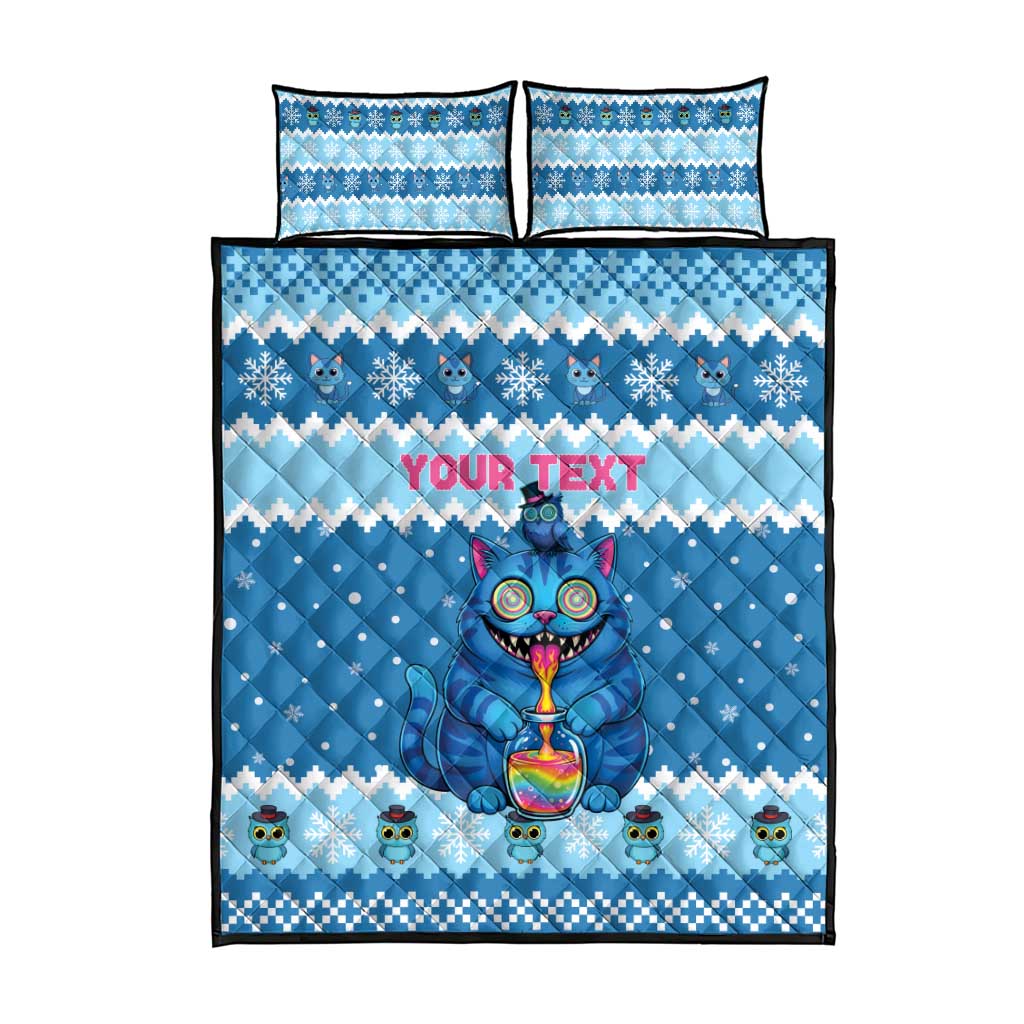 Personalized Trippy Catmas Quilt Bed Set Cute Blue Derpy Cat and Owl Companion - Wonder Print Shop