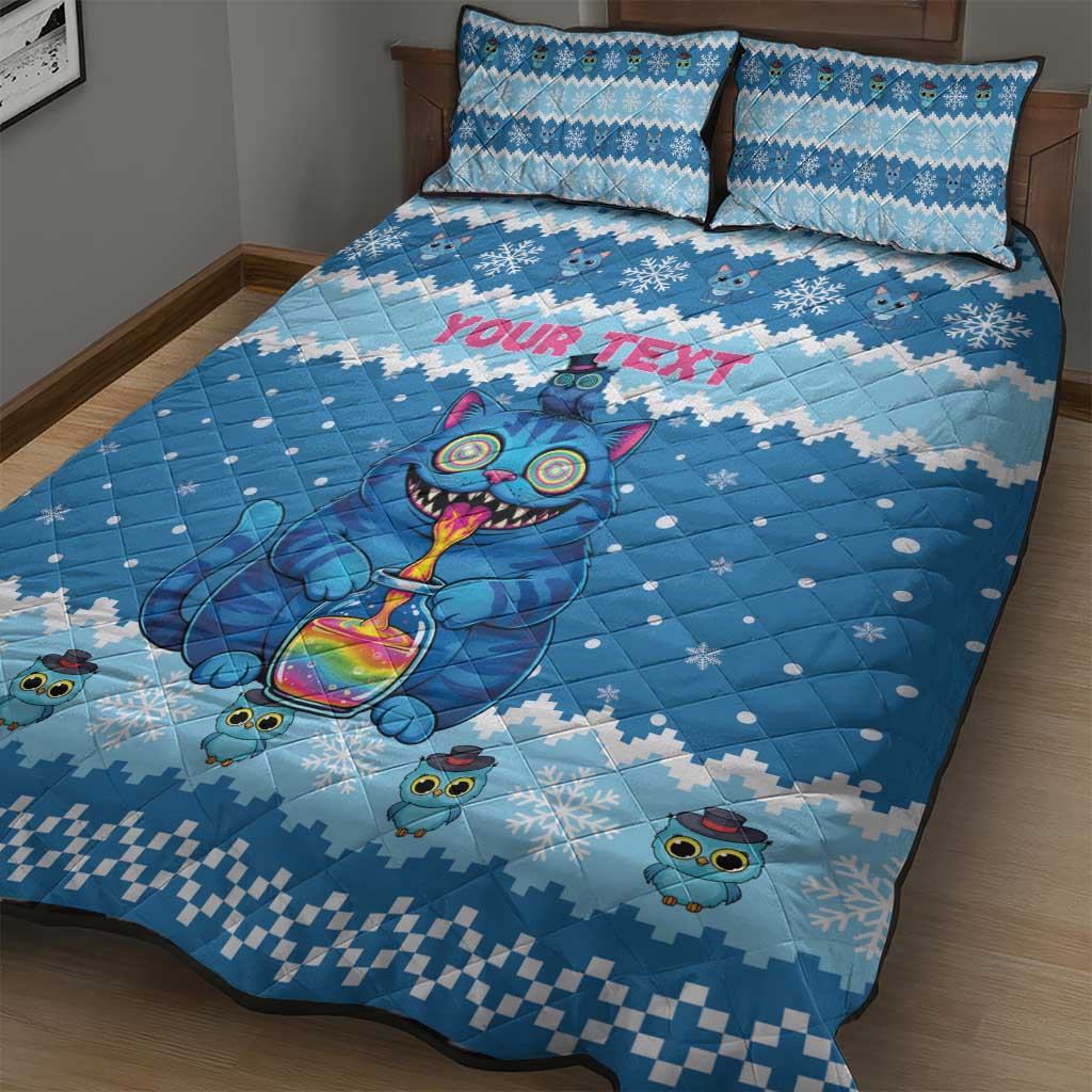 Personalized Trippy Catmas Quilt Bed Set Cute Blue Derpy Cat and Owl Companion - Wonder Print Shop