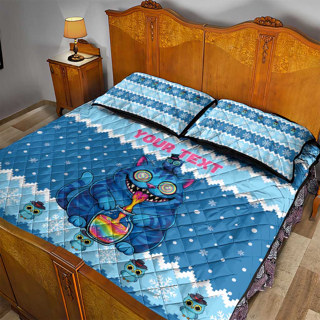 Personalized Trippy Catmas Quilt Bed Set Cute Blue Derpy Cat and Owl Companion - Wonder Print Shop