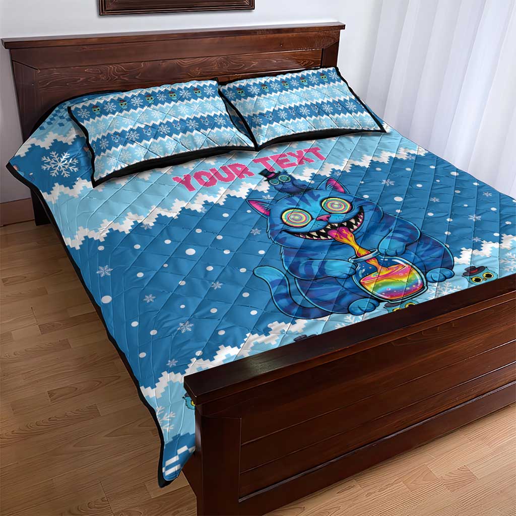 Personalized Trippy Catmas Quilt Bed Set Cute Blue Derpy Cat and Owl Companion - Wonder Print Shop