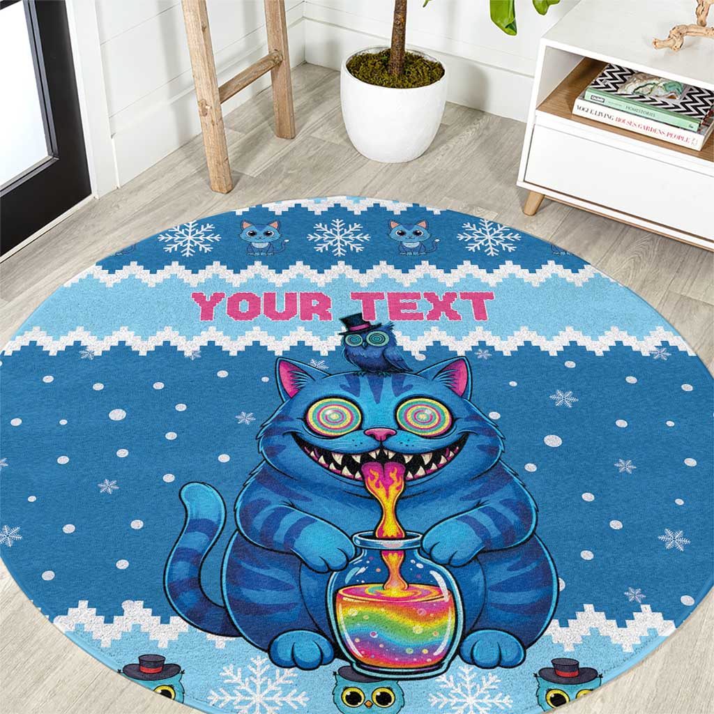 Personalized Trippy Catmas Round Carpet Cute Blue Derpy Cat and Owl Companion - Wonder Print Shop