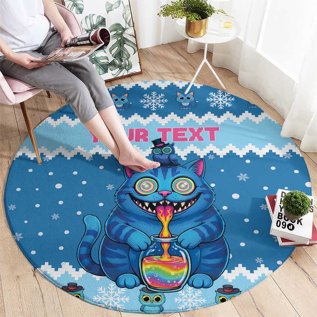 Personalized Trippy Catmas Round Carpet Cute Blue Derpy Cat and Owl Companion - Wonder Print Shop