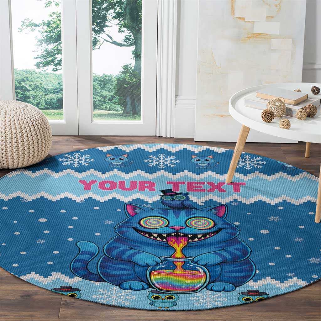 Personalized Trippy Catmas Round Carpet Cute Blue Derpy Cat and Owl Companion - Wonder Print Shop