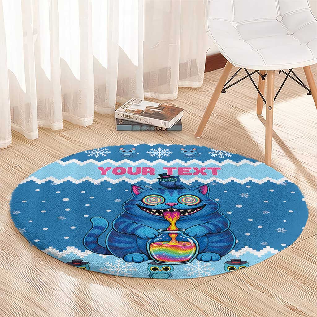 Personalized Trippy Catmas Round Carpet Cute Blue Derpy Cat and Owl Companion - Wonder Print Shop