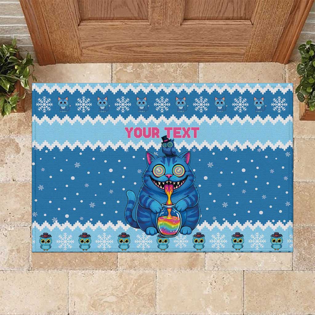 Personalized Trippy Catmas Rubber Doormat Cute Blue Derpy Cat and Owl Companion - Wonder Print Shop