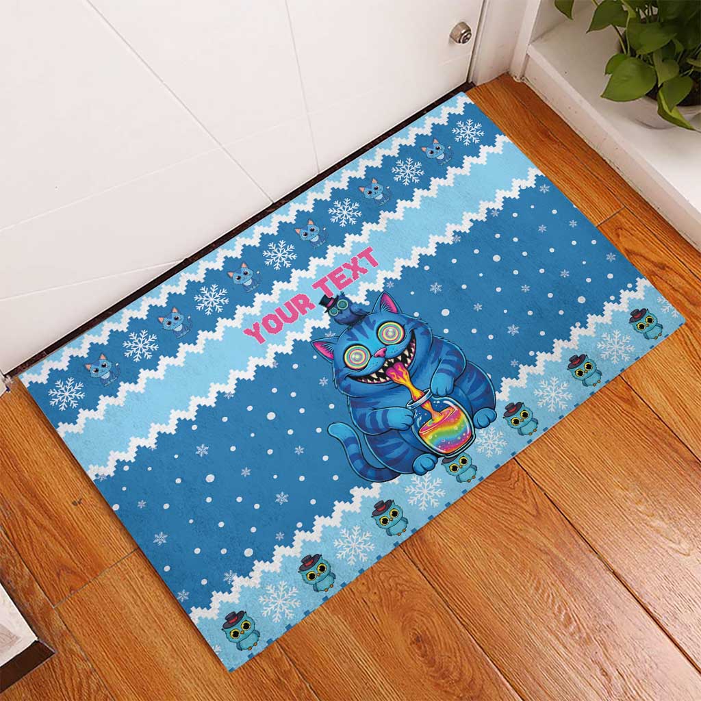 Personalized Trippy Catmas Rubber Doormat Cute Blue Derpy Cat and Owl Companion - Wonder Print Shop