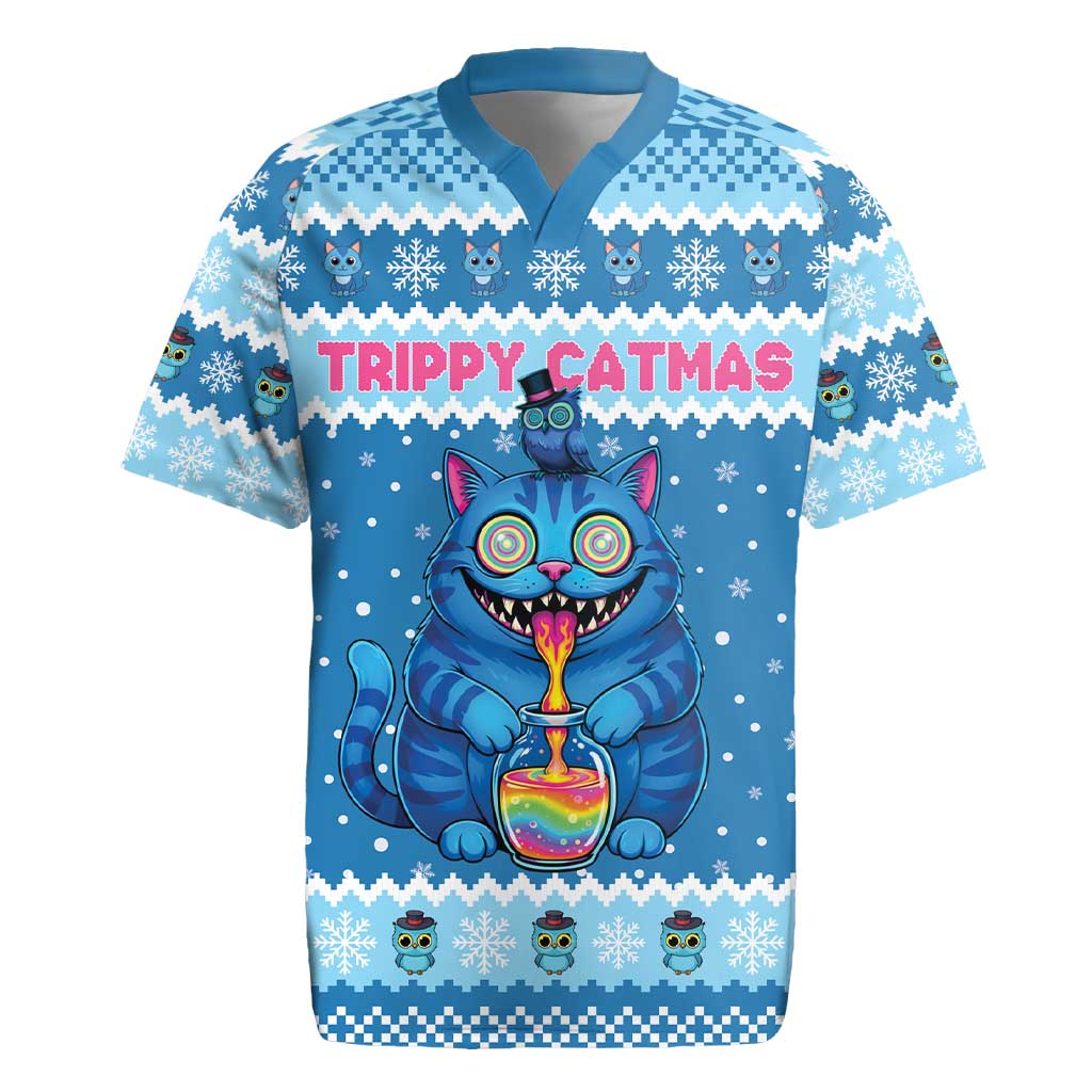 Personalized Trippy Catmas Rugby Jersey Cute Blue Derpy Cat and Owl Companion - Wonder Print Shop